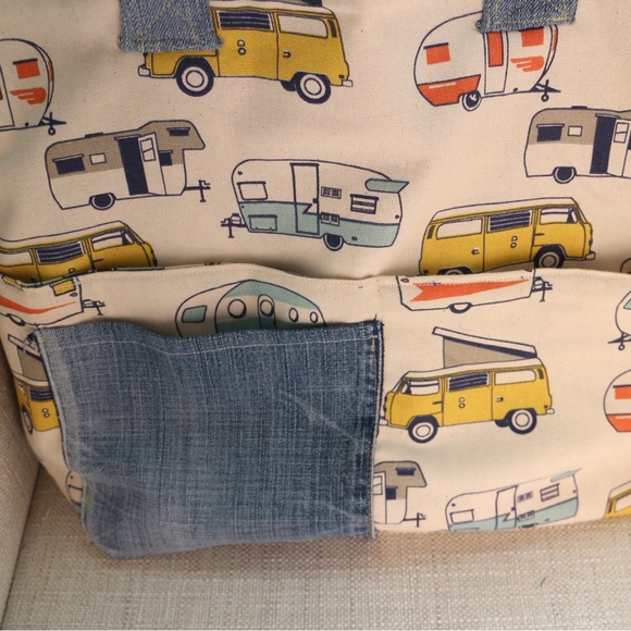 Handmade Canvas Tote Bag with Camper Print and Denim Pocket - Picture 3 of 7